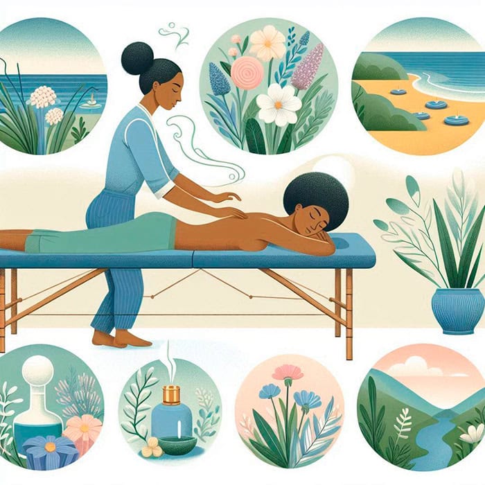 Illustration of a woman receiving a holistic massage on a table, surrounded by circular inserts depicting serene landscapes, flowers, essential oils, and natural elements such as the ocean, mountains, and plants. The scene conveys relaxation, natural well-being, and the importance of conscious breathing.