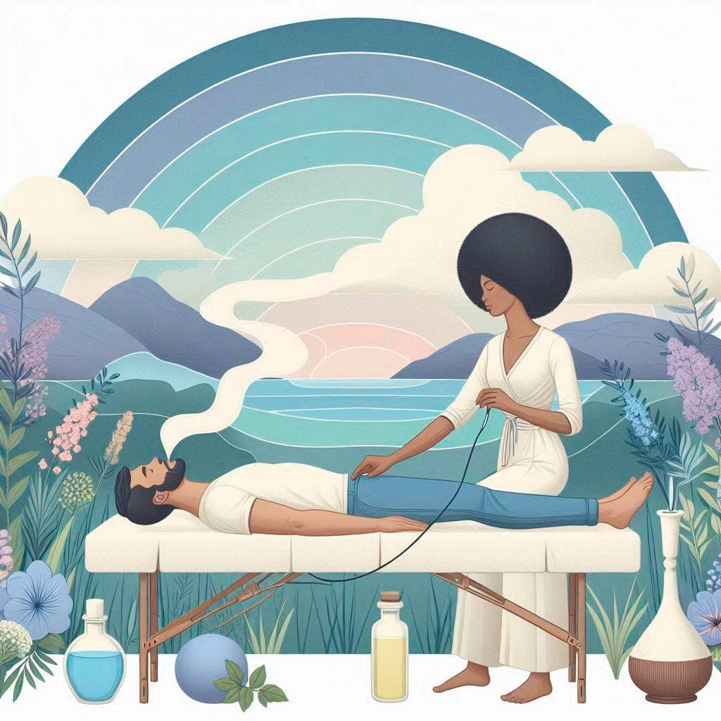 A stylized illustration shows a person receiving a holistic massage outdoors. They are lying on a massage table while another person, standing next to them, uses a smoking rod. The scenery includes mountains, water, and plants under a rainbow-hued sky.