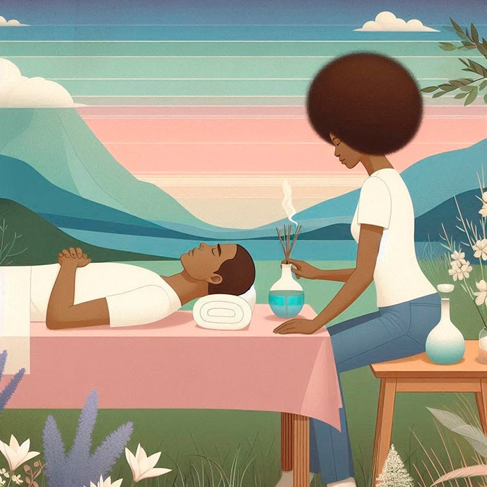 Illustration of a man lying on an outdoor massage table with a pillow under his head, while a woman with an afro hairstyle is standing next to him holding a bottle of incense. The background features a serene landscape with mountains, sky, and plants, emphasizing the tranquility of holistic massage.