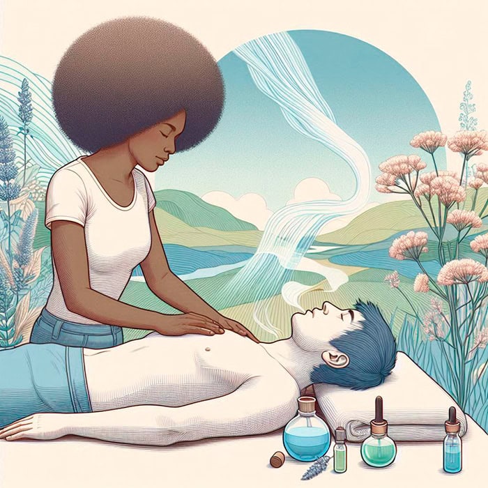 An illustration of a woman giving a holistic massage to a relaxed man lying on a mat. The background features a serene landscape with mountains, running water, and flowers. Several bottles of essential oils are placed near the man's head, creating a relaxing environment perfect for mindful breathing.