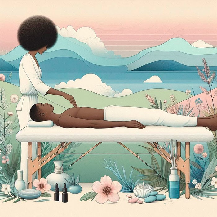 A stylized illustration of a person receiving a holistic massage at an outdoor table in front of a serene landscape with hills and a lake. The therapist, with an afro hairstyle, works on the client's back, who is lying face down, covered by a towel.