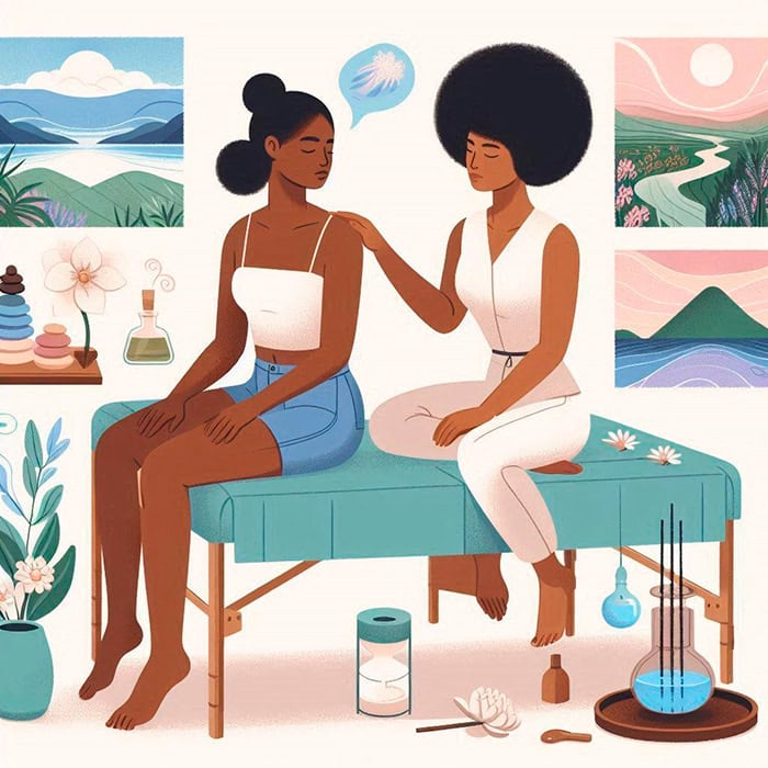 Illustration of two women sitting on a massage table in a wellness setting, surrounded by tranquil nature-themed artwork, candles, essential oils, and incense. One woman comforts the other with a gentle touch on her shoulder, embodying the principles of holistic massage and mindful breathing.