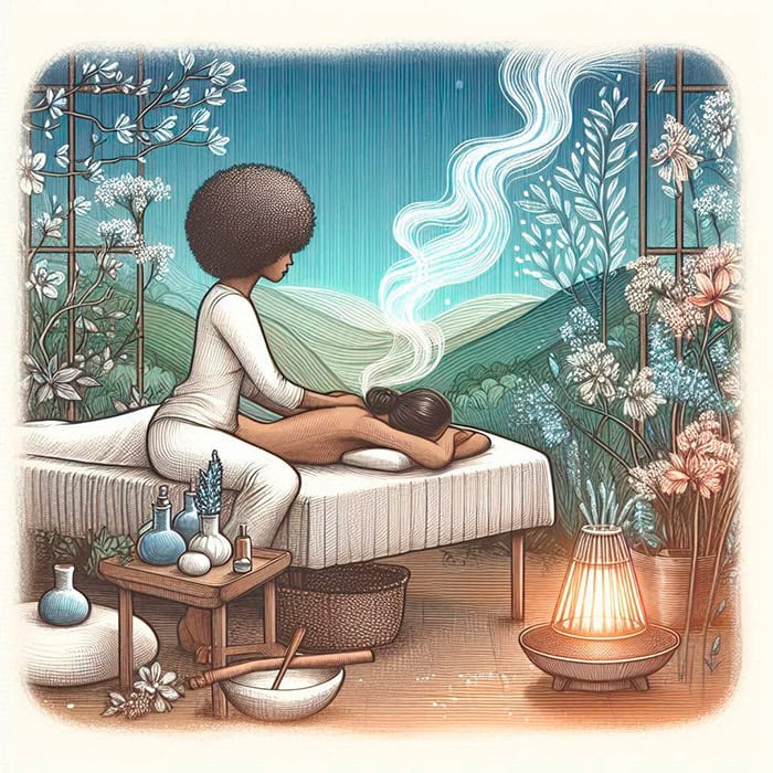 A serene illustration of a massage session, showing a therapist giving a patient a holistic back massage outdoors. The setting is lush, with flowers, plants, and a mountainous backdrop under a starry sky. Essential oils and soft lighting enhance the ambiance here and now for mindful breathing.