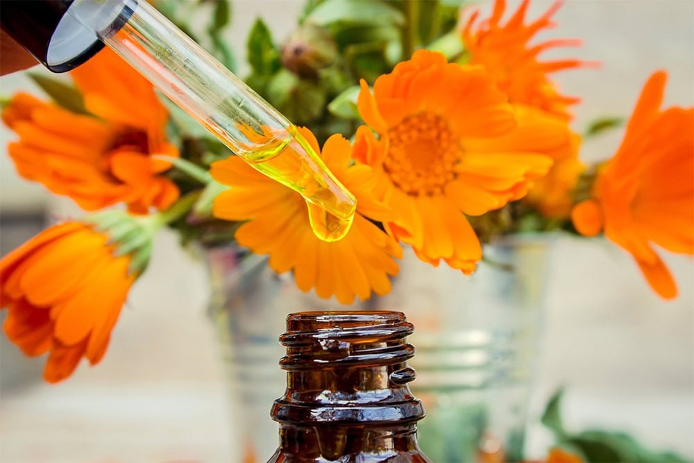 Un gotero libera una gota de líquido amarillo en una botella de vidrio marrón, con vibrantes flores de color naranja al fondo. La escena evoca el proceso de extracción de esencias de Flores de Bach, sugiriendo un remedio natural y herbal.