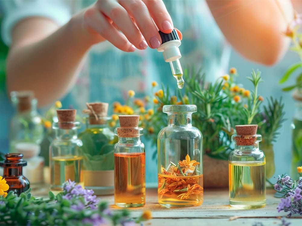 Una persona usa un gotero para agregar líquido a una botella de vidrio entre varias otras llenas de varios aceites botánicos y Flores de Bach. La escena se desarrolla en medio de un telón de fondo de flores y vegetación vibrantes, lo que sugiere un entorno natural y holístico.