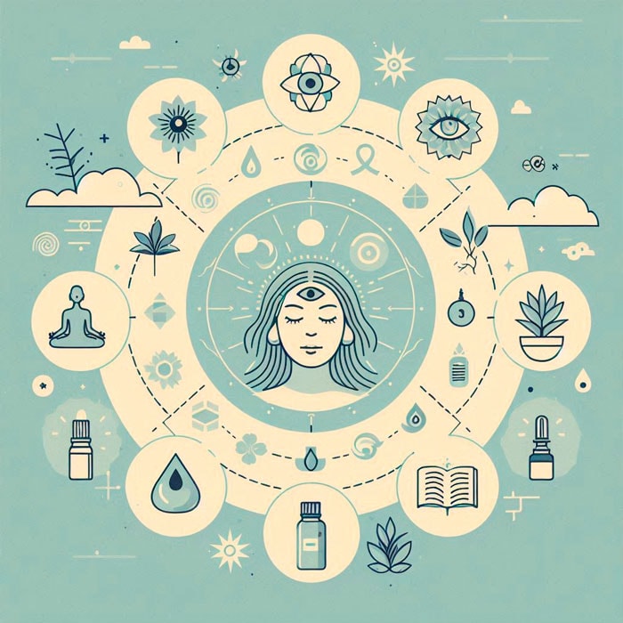 Illustrated wellness concept featuring a central figure meditating with symbols of eyes, plants, and various items such as a book, essential oil bottles, leaves, and yoga poses arranged in a circular pattern on a teal background.