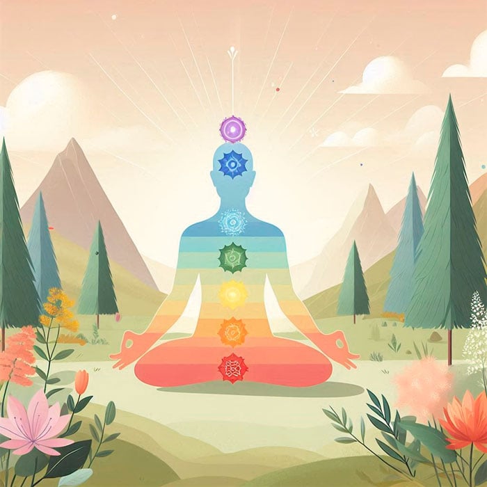 Ilustración colorida de una figura meditando en un paisaje tranquilo con montañas y flores. La figura muestra siete chakras con los colores del arcoíris, alineados desde la base hasta la coronilla, que simbolizan los centros de energía.