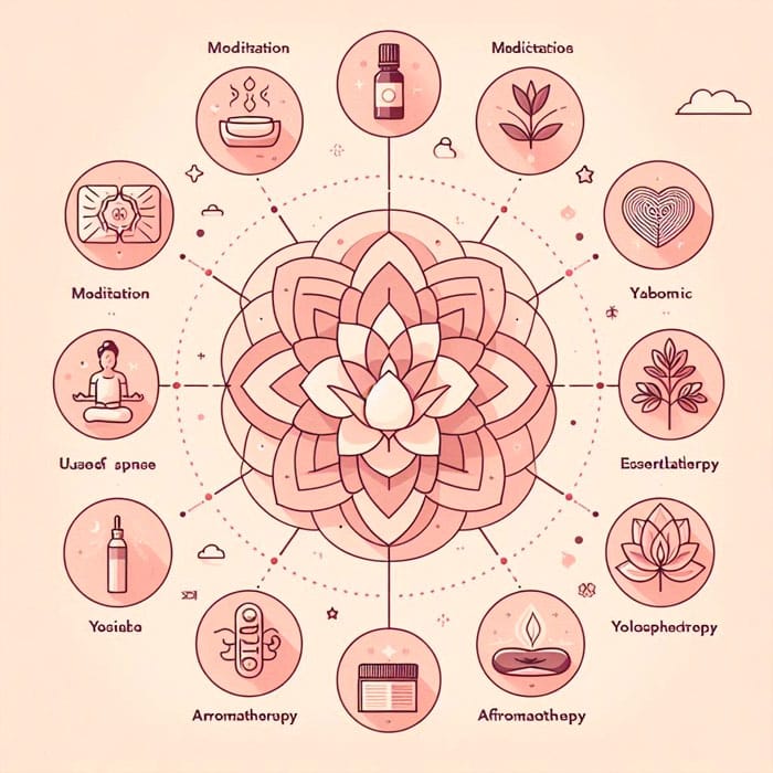 A decorative infographic with a central lotus design, surrounded by circles with the tags: Meditation, Meditations, Aromatherapy, Yoga, Essential Therapy, Use of Space, Aromatherapy and Yobomic. Icons illustrate each concept with soothing colors.