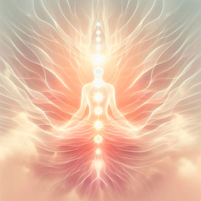 A luminous figure sits in a meditative posture, surrounded by ethereal light and spiral patterns. The chakras shine along the spine, from the base to the crown of the head, creating a serene and mystical atmosphere with soft shades of pink, orange, and white.