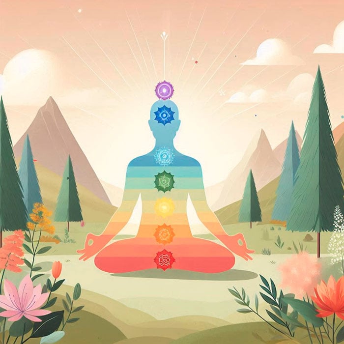 Illustration of a person meditating in a quiet landscape, with mountains and trees in the background. The silhouette shows the seven chakra symbols aligned from the head to the base, each a different color. The scene is peaceful and serene.