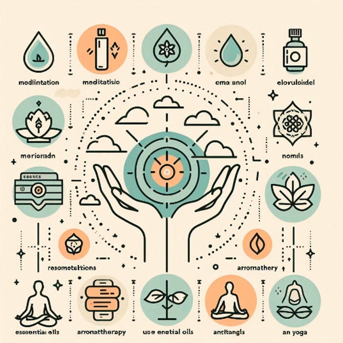 Illustration of hands holding a plant, surrounded by icons related to meditation, essential oils, and the sacral chakra. The design includes symbols such as a lotus, incense, and sitting meditation figures arranged in a geometric pattern that evokes creativity and pleasure.