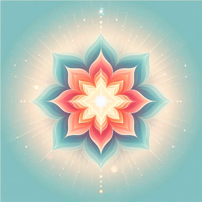 A symmetrical mandala-like design with layered petals in shades of blue, pink, and orange radiates from a bright center on a turquoise background. The rays of light extend outwards, creating a soft, ethereal effect reminiscent of the energizing creativity of the sacral chakra.