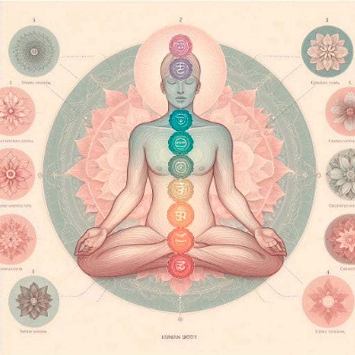 Illustration of a person meditating with a lotus background, showing the seven chakras in vibrant colors along the spine. Around it are floral symbols representing each chakra, including the sacral chakra symbolizing creativity, with labels arranged in a circular design.