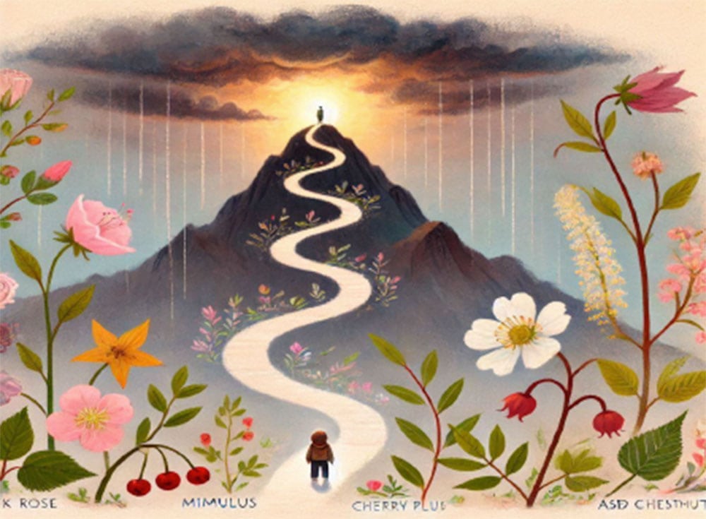 A person stands at the foot of a winding white path that leads to a mountain, surrounded by colorful flowers and plants. Embracing his Inner Courage, gaze at a silhouetted figure at the top against a dramatic sky with dark clouds and rays of light, in search of transformation.