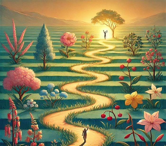 A winding path leads through a surreal and colorful garden with various flowers and blooming trees under a golden sunset. The silhouettes of two people are seen, one at the beginning of the path and the other near a sunlit tree, symbolizing transformation in their journey to inner courage.