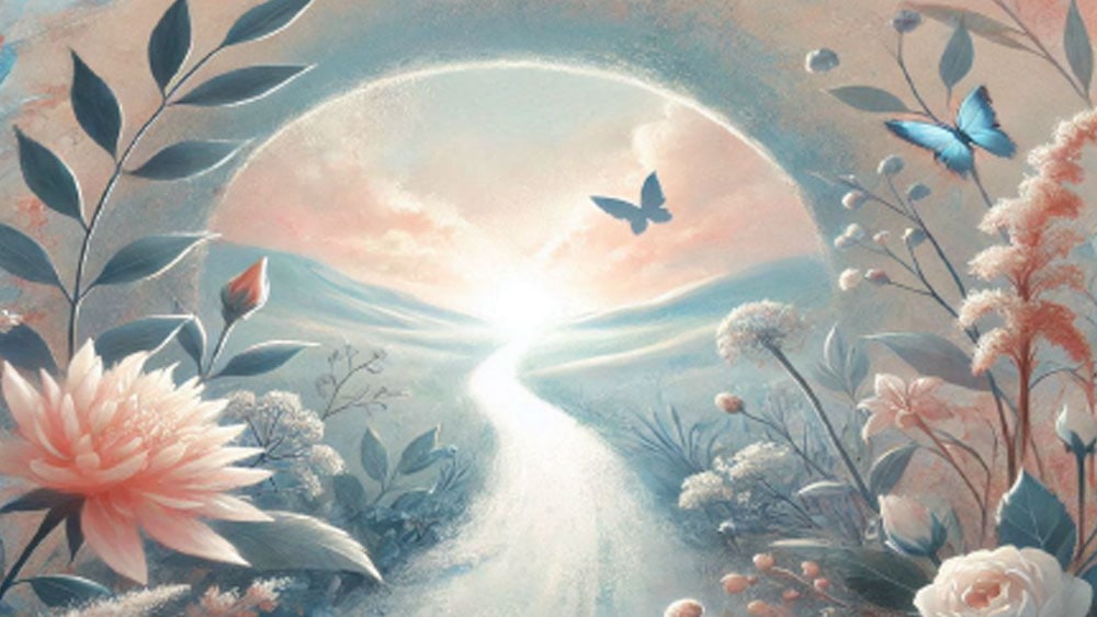 A serene and dreamlike landscape painting that presents a winding path that leads to a resplendent horizon. It is framed by various flowers and leaves, reminiscent of an artist's automatic eraser. Two butterflies flutter in the sky, all in soft pastel shades of pink, blue, and white.