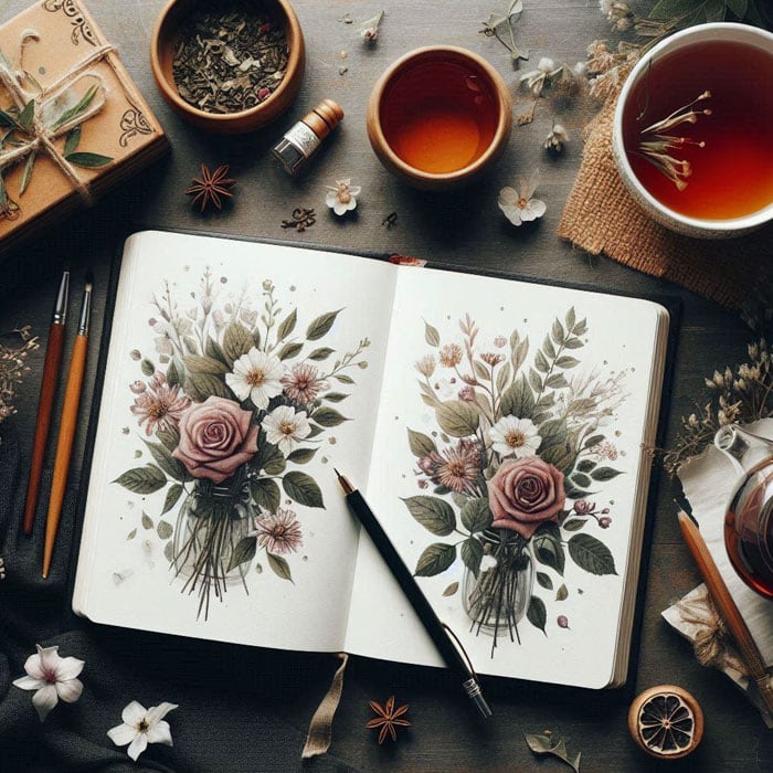 Un cuaderno de bocetos abierto que muestra ilustraciones florales está rodeado de herramientas de pintura, hojas secas y tazas de té sobre una mesa de madera, ofreciendo un entorno sereno para Renacer: un momento de renacimiento artístico y creatividad complementado con elementos decorativos que calman el alma.