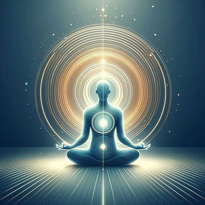 Ilustración estilizada de una persona meditando en posición de loto, que simboliza Sanando el Alma. La figura está rodeada de círculos concéntricos brillantes y líneas radiantes, que representan el flujo de energía y el equilibrio. El fondo presenta un degradado relajante de azules y dorados.