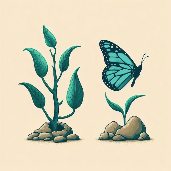 Ilustración de una mariposa que se cierne junto a dos plantas que emergen de un suelo rocoso. La planta de la izquierda es más alta y tiene más hojas, lo que simboliza el renacer, mientras que la planta más pequeña de la derecha tiene solo dos hojas. Tanto la mariposa como las plantas comparten armoniosos tonos de verde azulado, como una guía holística en el tapiz de la naturaleza.