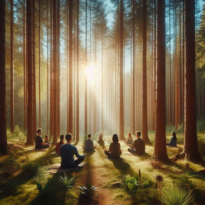 La gente se sienta a meditar en un bosque tranquilo, rodeado de árboles altos. La luz del sol se filtra a través de las ramas y proyecta rayos suaves sobre el suelo cubierto de musgo. La escena evoca tranquilidad y conexión con la naturaleza.