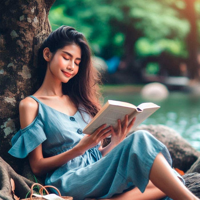 Una mujer con un vestido azul está sentada junto a un árbol junto a un lago, leyendo un libro. Parece relajada y contenta, con los ojos suavemente cerrados. El fondo es exuberante y verde, lo que transmite un entorno natural sereno.