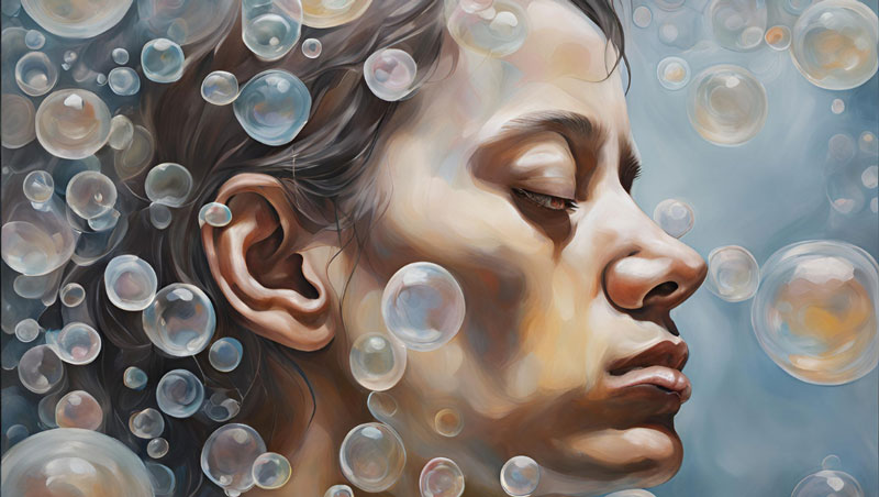 Pintura realista de una mujer de perfil con los ojos cerrados, rodeada de burbujas translúcidas sobre un fondo azul. Las burbujas varían de tamaño y evocan una sensación de paz interior, creando una atmósfera surrealista y onírica.