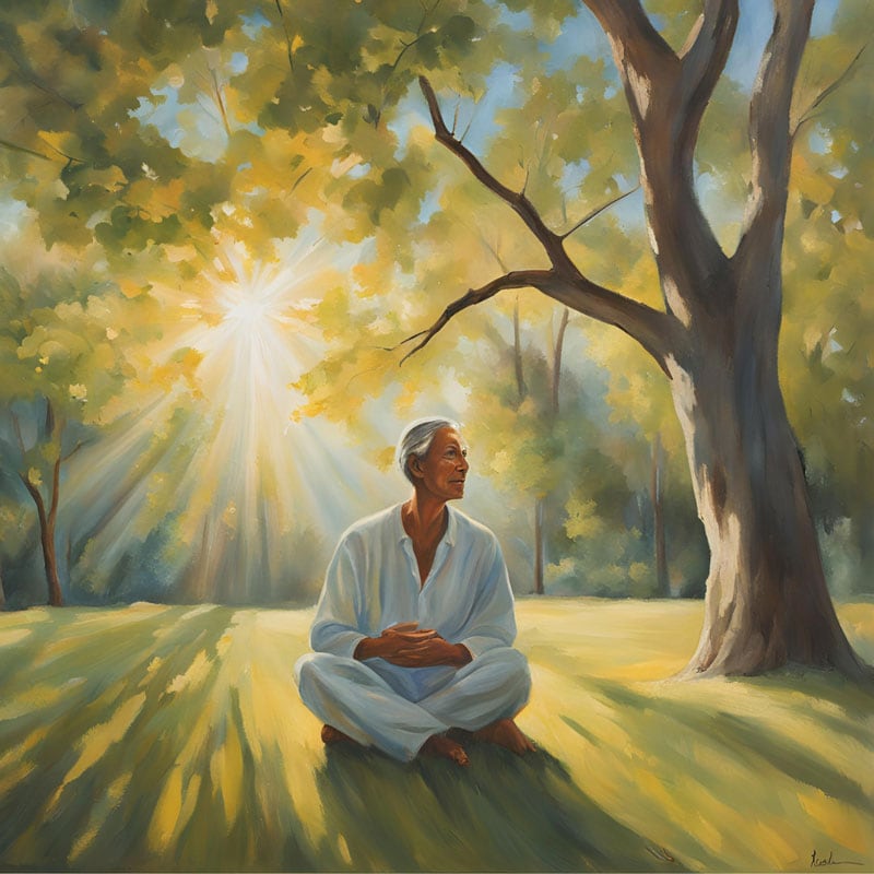 A white-haired person sits cross-legged under a tree in a quiet, sunlit field. He wears a white suit and oozes inner peace. Sunlight filters through the tree's leaves and casts dappled shadows on the lawn, enhancing its serene well-being.  