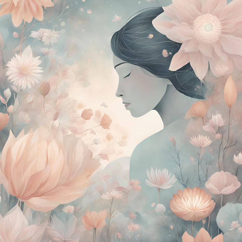 A serene illustration of a woman in profile with her eyes closed, embodying inner peace among large soft pink and peach flowers. The background is a dreamy mix of muted pastel colors, creating a calm and ethereal atmosphere. 