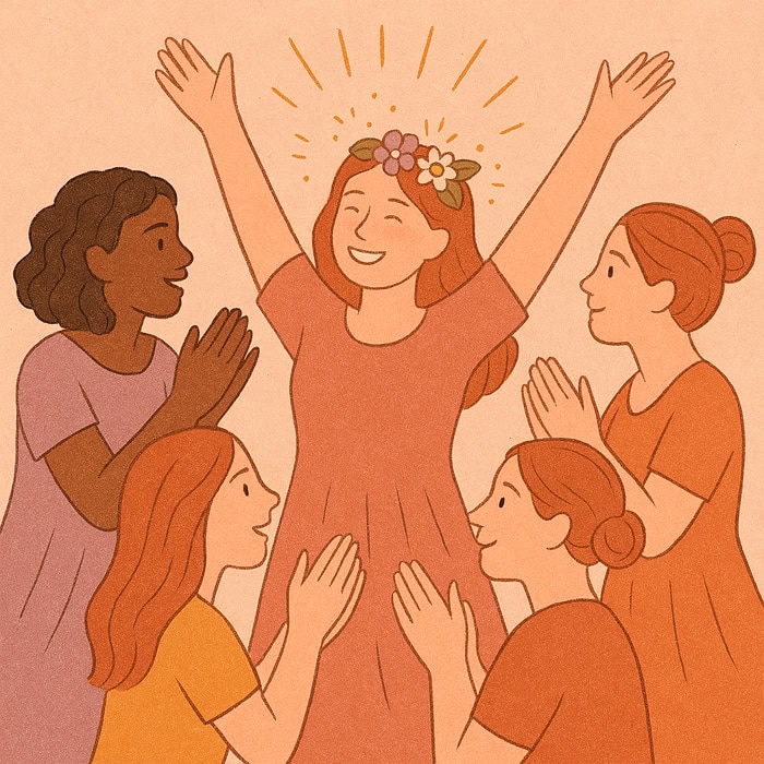 Five women smile and celebrate together, surrounding a cheerful woman with a wreath of flowers and her arms raised. The scene radiates feminine celebration, highlighting their happy and supportive female connection in a warm and welcoming atmosphere. 