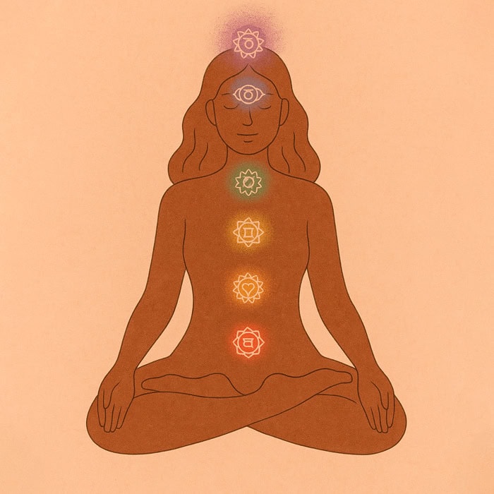 Illustration of a person sitting cross-legged in meditation, with colored chakra symbols lined up from the base of the spine to the top of the head, representing female healing through the balance of the body's seven chakras.