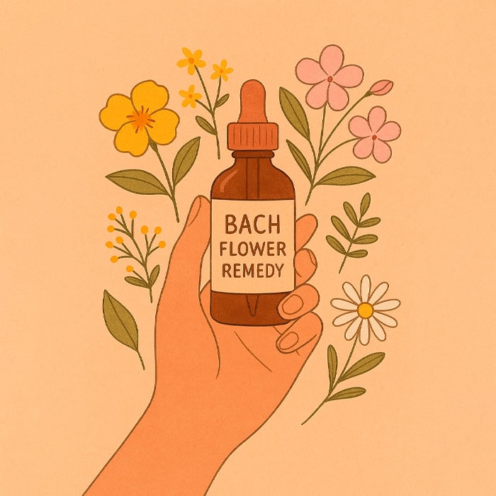 One hand holds a brown dropper bottle labeled “Bach's Floral Remedy,” symbolizing female healing, surrounded by illustrated yellow, pink, and white flowers and green leaves on a peach-colored background.