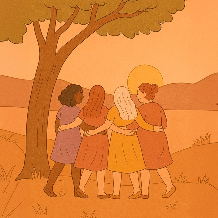 Four women, arm in arm under a tree, watch the sun set over the mountains and a lake. They wear warm-colored dresses, representing female connection in a soft style and illustrated with an autumnal color palette. 