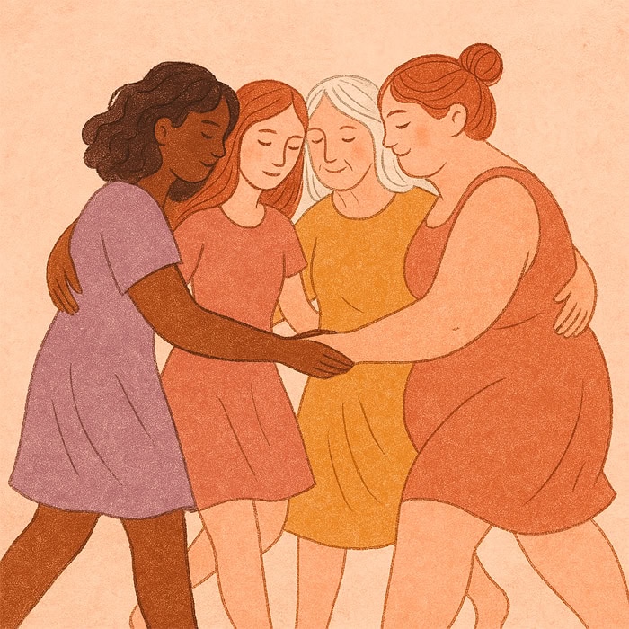 Four women of different ages and body types stand together, embracing in an affectionate group embrace, all wearing simple short-sleeved dresses in warm, earthy tones, radiating feminine connection and mutual support.